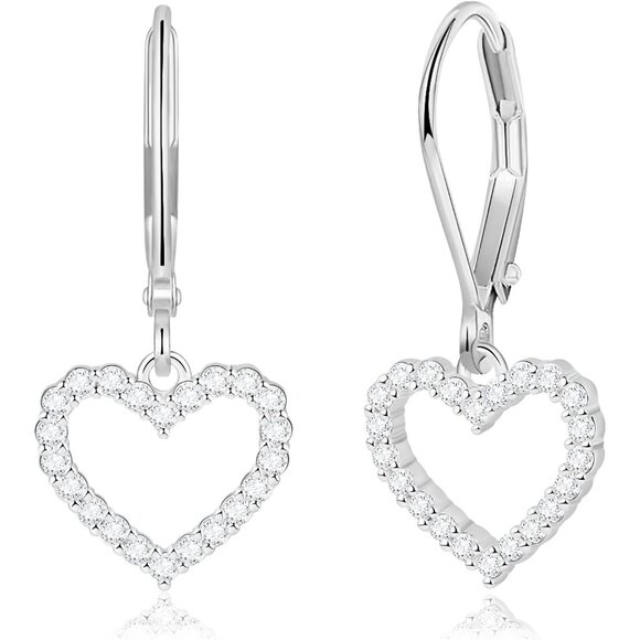 Dainty Silver-CZ Heart Leverback Dangle Drop Hypoallergenic Earring for Women - Picture 1 of 7